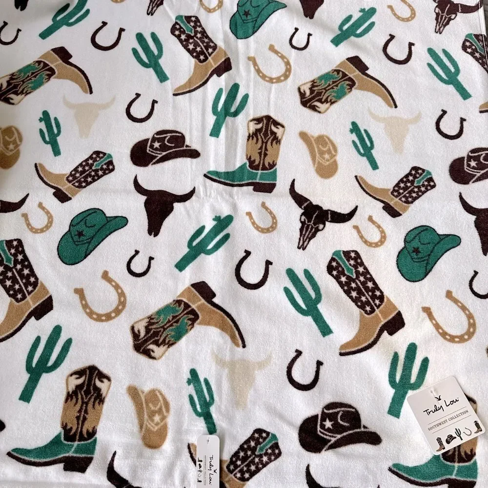 Cowboy Western Hat Boots Cactus Horseshoe Print Cotton Bath Towel
